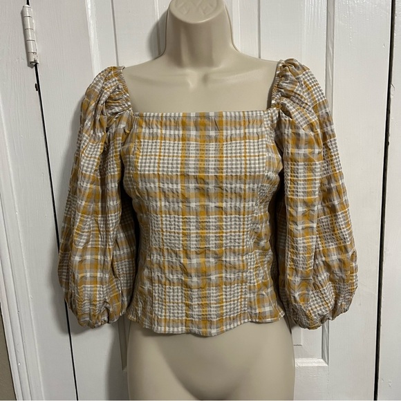 Anthropologie Maeve Smocked Back Puff Sleeve Top Yellow Extra Small XS T1 - Picture 2 of 8